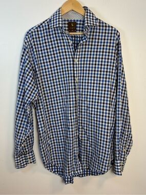 Tailorbyrd  Men’s Navy, Blue & White Plaid Button-Up Shirt Size Large, Cotton